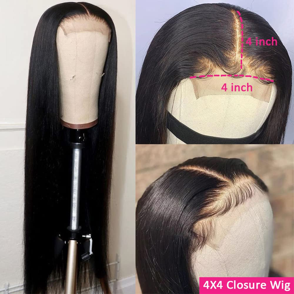 YUZHU Straight Wig Human Hair 4X4 Lace Closure Wigs 180 Density