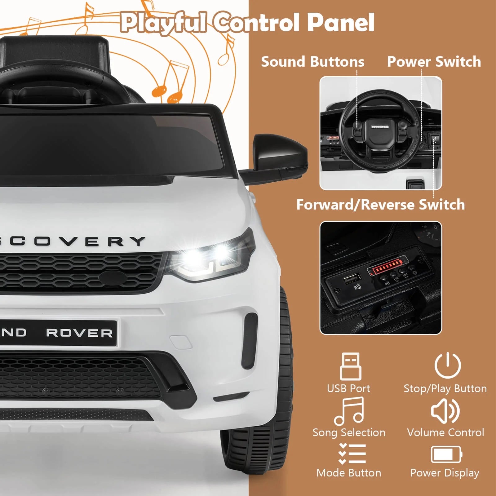 Costway 12V Licensed Land Rover Kids Ride on Car with Remote Control, LED Lights, Music, Horn White